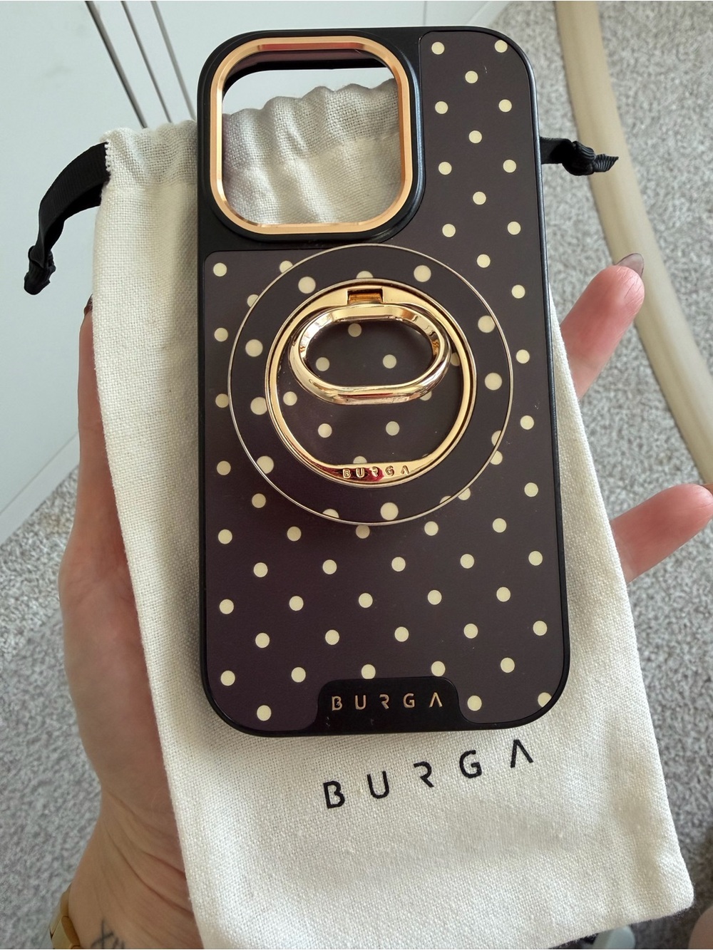 BURGA Brown Polka Dot Phone Case with magnetic Gold Ring Grip for iPhone 14 Pro